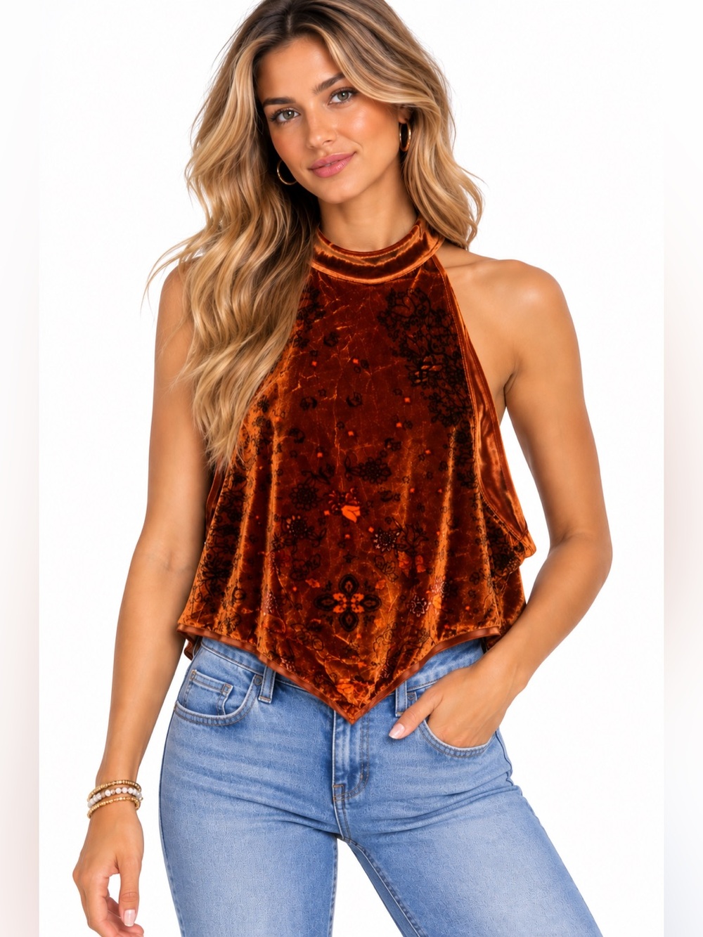 Free People Velvet Boho High-Neck Tank Asymmetrical Top in Rust Womens XS